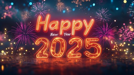 Happy New Year 2025 in radiant neon orange text, dark background lit with brilliant fireworks bursting in gold and magenta, sparkling stars scattered across the sky. --ar 16:9