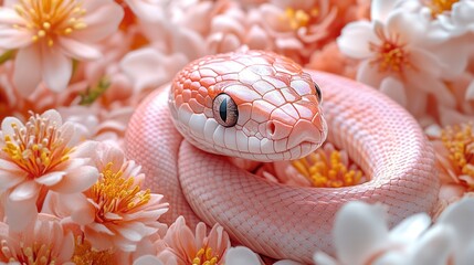 Fototapeta premium Pink snake coiled among peach blossoms.