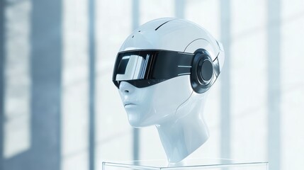 Mocap of futuristic wearable communication devices placed on a sleek glass stand