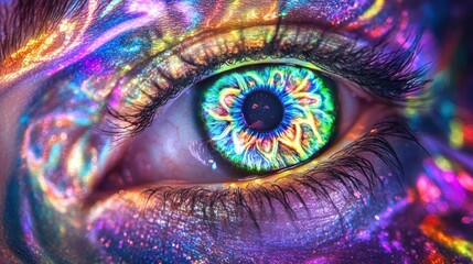 Naklejka premium A captivating close-up of an eye framed by bright, artistic face paint and glowing neon patterns.