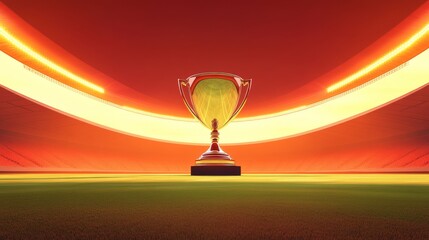 Fototapeta premium Athletic arena floating trophy display, cricket ground cross-section, bold red curved structure, pristine green playing field, polished silver championship cup, illuminated by twin floodlights, warm