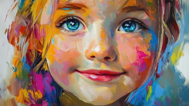 A close-up portrait of a cute girl painted . Her cheerful expression and bright eyes convey innocence and energy, with a harmonious blend