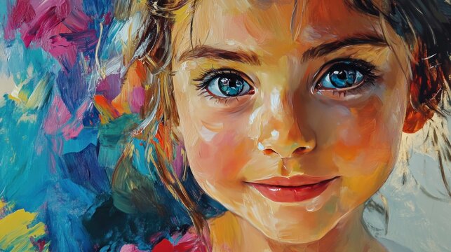 A close-up portrait of a cute girl painted . Her cheerful expression and bright eyes convey innocence and energy, with a harmonious blend