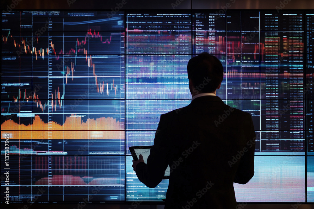 Poster man is looking at a computer screen with a lot of numbers and graphs. he is wearing a suit and tie