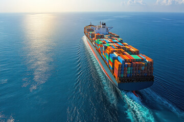 Large container ship at sea carrying goods.