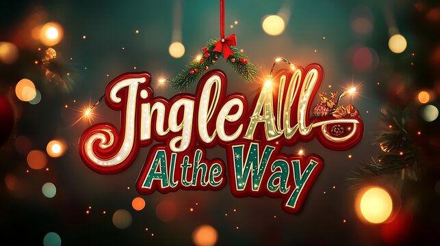Jingle All the Way in festive, curved typography with bright white and gold highlights, vibrant red and green striped background, glowing fairy lights for added holiday charm. --ar 16:9