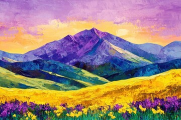 Vibrant landscape with mountains and colorful wildflowers at sunset.