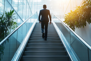 man in a suit is walking up a set of stairs. Concept of professionalism and determination as the man makes his way up the stairs