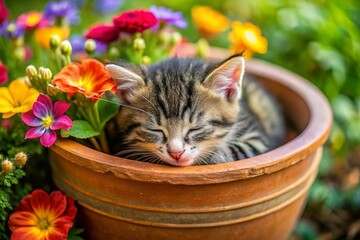 Adorable Stray Kitten in Flower Pot: Cute Pet Photography