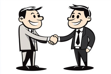 Fototapeta premium Two men shaking hands. One is wearing a tie. The image is of a cartoon. Scene is friendly and professional