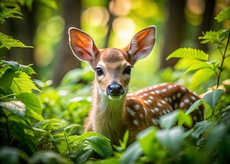 Adorable Whitetail Fawn in Forest, Aerial View - Cute Baby Deer Wildlife Photography