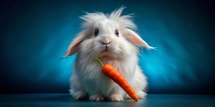 Adorable White Lionhead Rabbit with Carrot - Dark Blue Background - Pet Photography