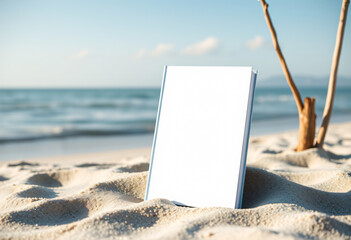 White blank book cover mockup placed on the beach, copy space