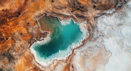 Naklejka premium Aerial view of a vibrant geothermal pool surrounded by colorful terrain.