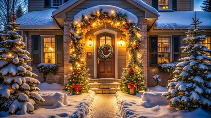 Obraz premium Aerial Christmas Home Entrance, Festive Night Lights, Holiday Decor, Drone Photography, Winter Wonderland