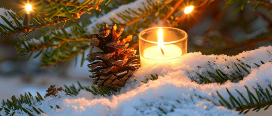 A close-up, photorealistic image of a Christmas tree branch with a glowing candle, pine cone, and freshly fallen snow.