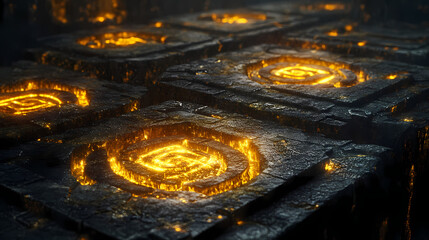 Ancient labyrinth ruins with glowing runic symbols, cinematic lighting, dark fantasy vibe, ultrarealistic 3d rendering, golden illumination. Runic. Illustration