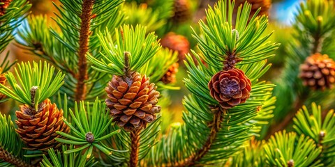 Obraz premium Aerial Closeup Pine Branches Photography: Nature Texture, Forest Canopy, Evergreen Needles, Winter Cones, Treetop Details