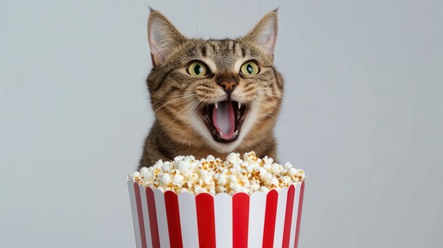 Excited cat enjoys popcorn at home fun image for animal lovers indoor playful entertainment concept