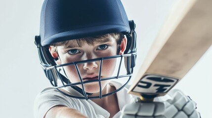Junior cricket player action shot, navy helmet with grille, batting stance, white sports attire, focused expression, high key photography, dynamic composition