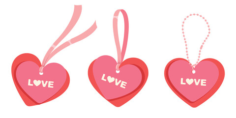 Set of pink heart with ribbon for greeting cards, wedding, valentine's day or birthday party. Cute elegant coquette card style.