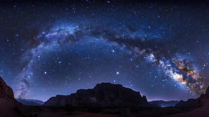 A stunning panoramic view of the Milky Way over a rocky landscape.
