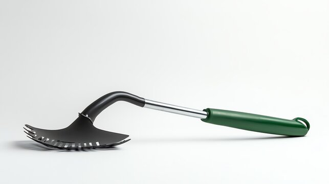 A gardening tool with a green handle, black blade and a silver shaft.