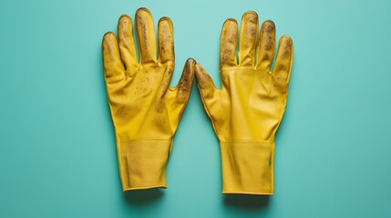 Obraz premium A pair of yellow work gloves on a blue background.