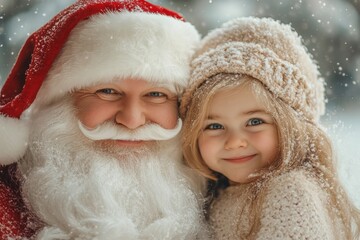 Gleeful yule, Ñute child girl upset with santa claus. Christmas commercial concept art visual shot for print ad and social apps use. Christmas carols advertising. Toddler santa photo lap.