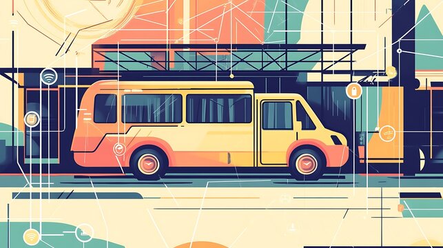 A stylized illustration of a small bus at a modern bus stop, surrounded by abstract geometric shapes and lines.