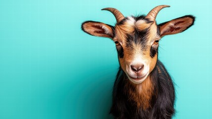 Fototapeta premium Adorable Goat with Unique Features Against Bright Turquoise Background