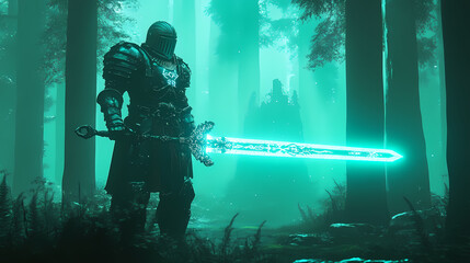 Naklejka premium Heavily armored knight with glowing runic sword stands in mystical forest illuminated by soft light. generative ai. Runic. Illustration