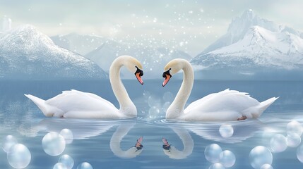 Ethereal Scene of Two White Swans Gliding on Lake with Snowy Mountains and Bubbles