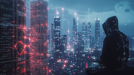 Hacker are planning to hack and attack networks and cyber security , innovative Smart city and graphs with statistics to analyze business potential and predict future developments in company growth.