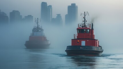 Two tugboats navigate through fog near a city skyline.