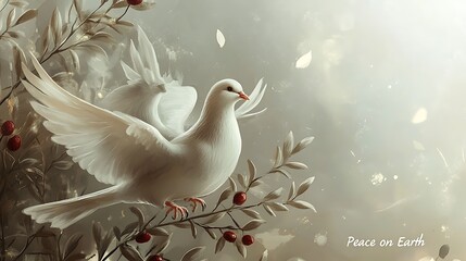 Peace on Earth in flowing, elegant calligraphy, adorned with white doves holding olive branches, soft silver background with subtle glowing highlights, serene and harmonious vibe. --ar 16:9
