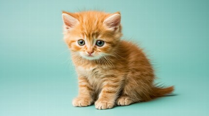 Cute Ginger Kitten Sitting on a Soft Mint Background