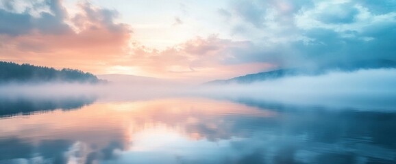 Fototapeta premium Misty Sunrise Over a Tranquil Lake