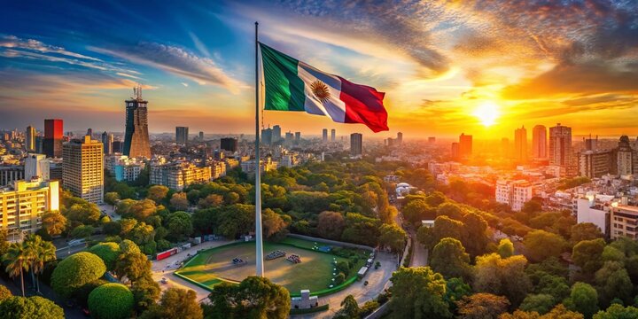 Aerial Panoramic Polanco Skyline Drone Shot: Monumental Flag Campo Marte Double Exposure