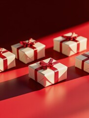 Obraz premium Group of small gifts wrapped with red ribbon on white table with copy space. Five little presents for christmas or birthday party. Set of gift boxes over a red shiny background.