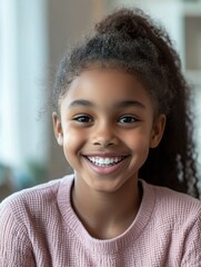 Naklejka premium Happy african american kid child girl school student looking at web cam talking with remote teacher distance learning video conference call virtual class lesson, headshot zoom portrait, webcam view.