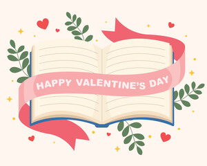 illustration of a book with pink ribbon valentine's day. Happy book for valentine's day design. 