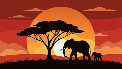 Fototapeta premium Vector Art of Elephants at Sunset in African Savannah