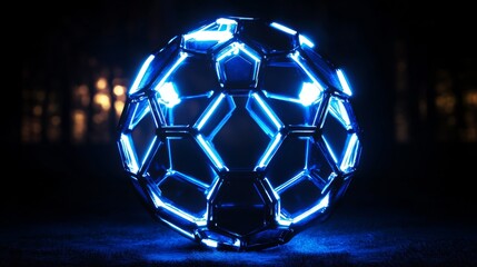 Fototapeta premium advanced sports equipment concept, floating luminescent ball, geometric light grid, deep blue atmosphere, network connections, future tech aesthetic