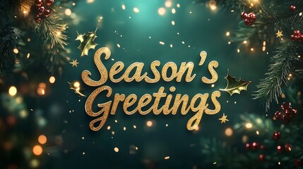Season’s Greetings in radiant gold foil texture, sleek serif font, rich emerald green background with holly accents glowing softly, festive and sophisticated mood. --ar 16:9