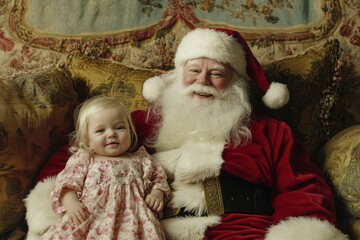 Obraz premium Acation season digital ads visual idea illustration for media and social apps use. Joyful christmas, Ñute baby girl grin with santa claus. Xmas wonders photos. Baby photo santa family.