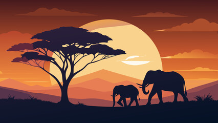 Vector Art of Elephants at Sunset in African Savannah