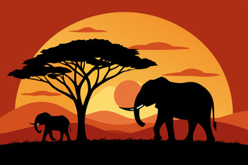 Obraz premium Vector Art of Elephants at Sunset in African Savannah