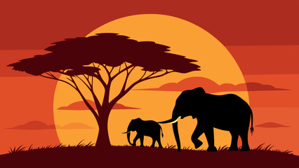 Fototapeta premium Vector Art of Elephants at Sunset in African Savannah