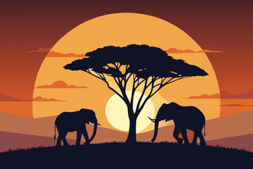 Fototapeta premium Vector Art of Elephants at Sunset in African Savannah